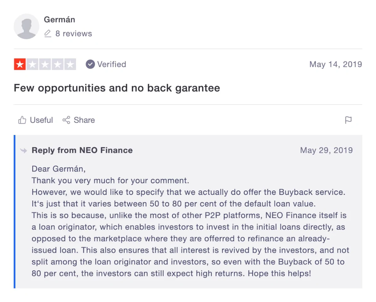 1 star NEO Finance review on Trustpilot