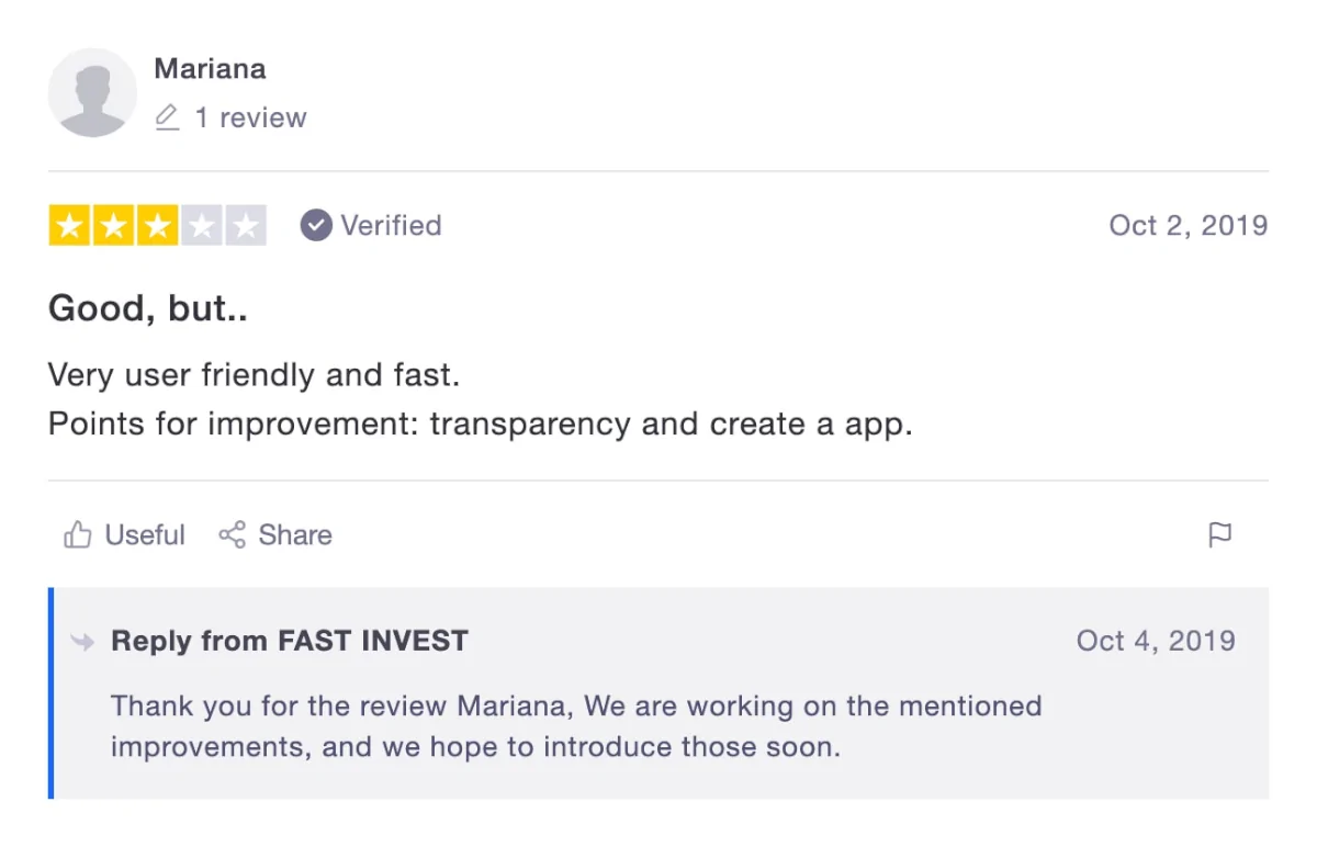 3 star FAST INVEST review on Trustpilot