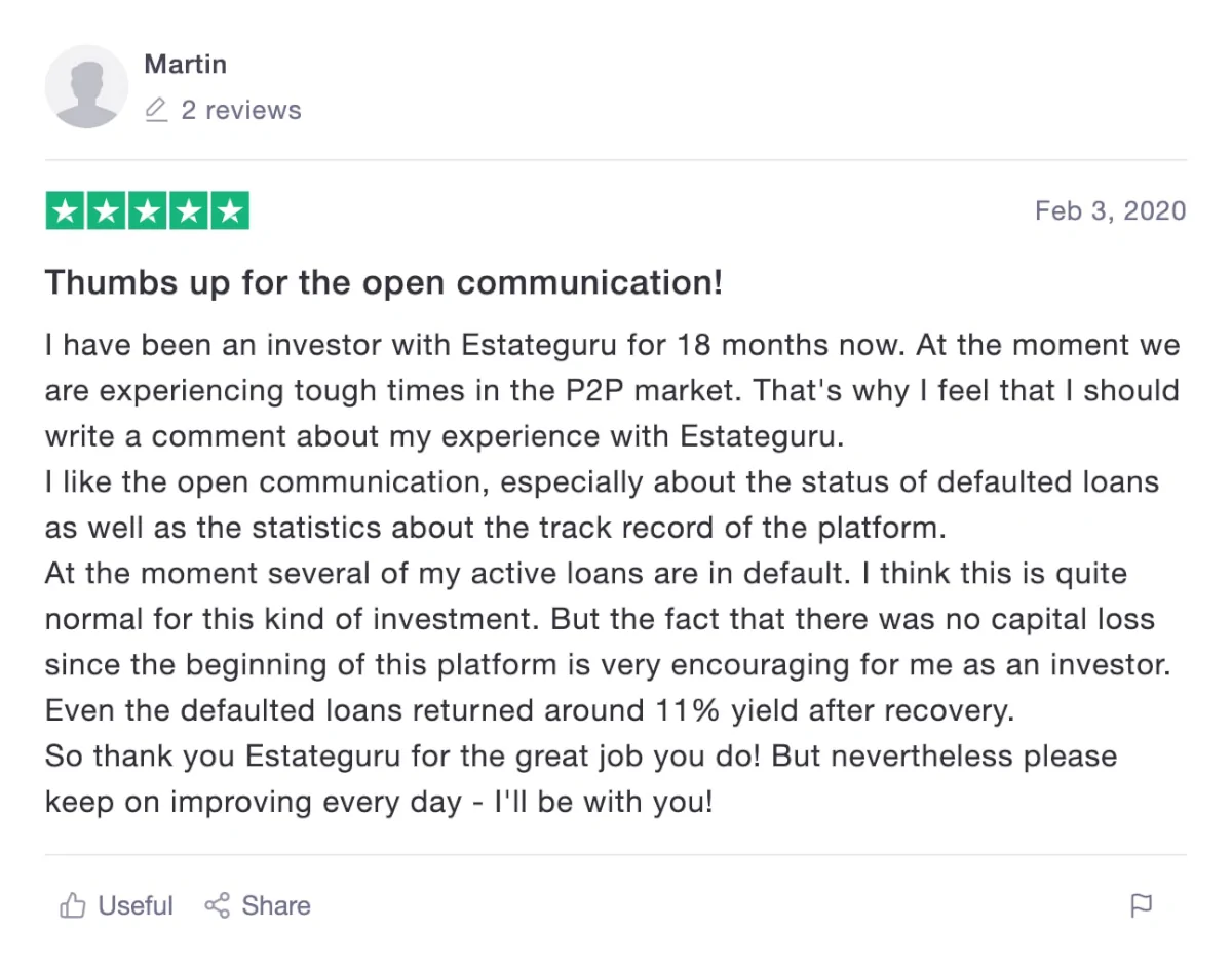 5 star EstateGuru review on Trustpilot