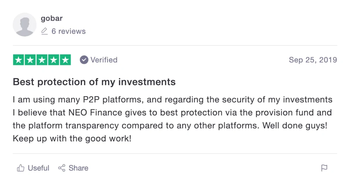 5 star NEO Finance review on Trustpilot