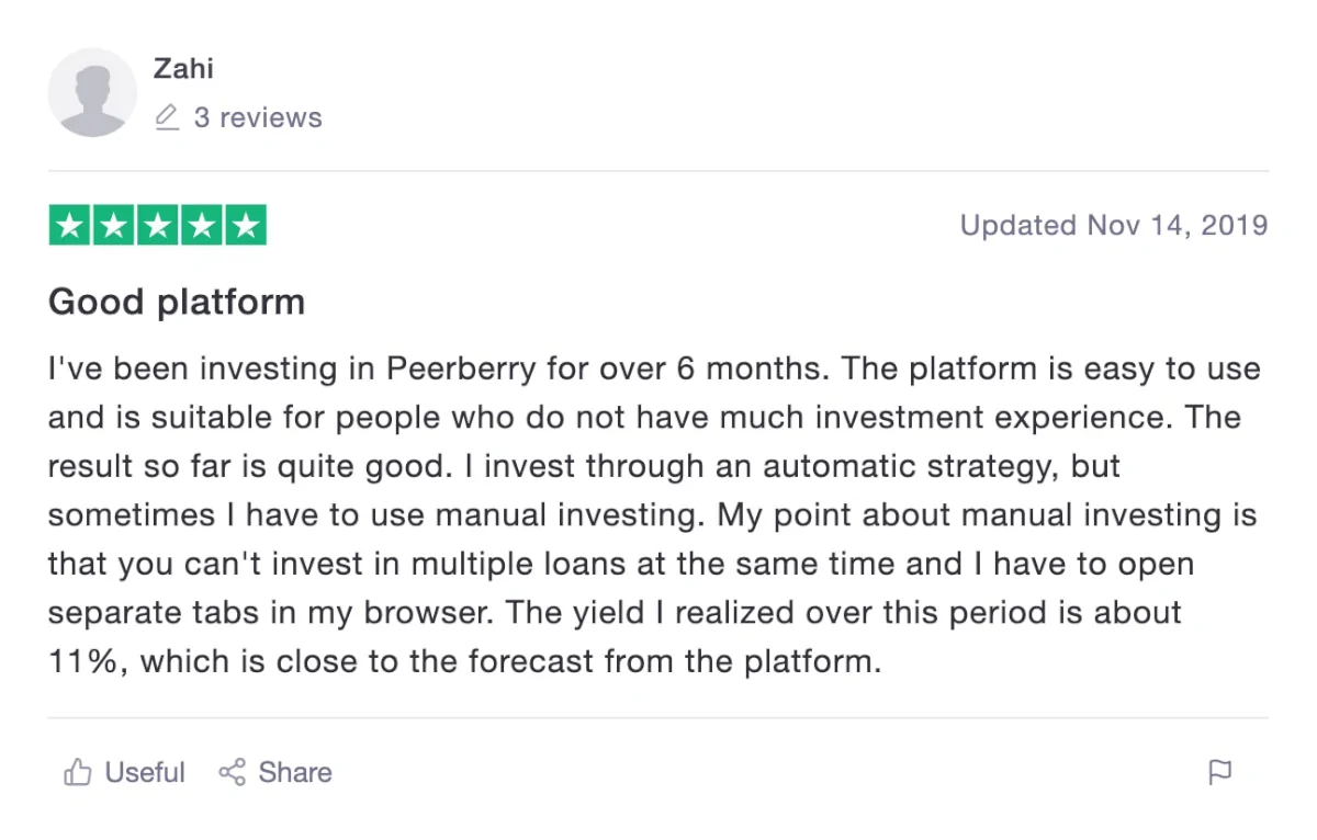 5 star PeerBerry review on Trustpilot