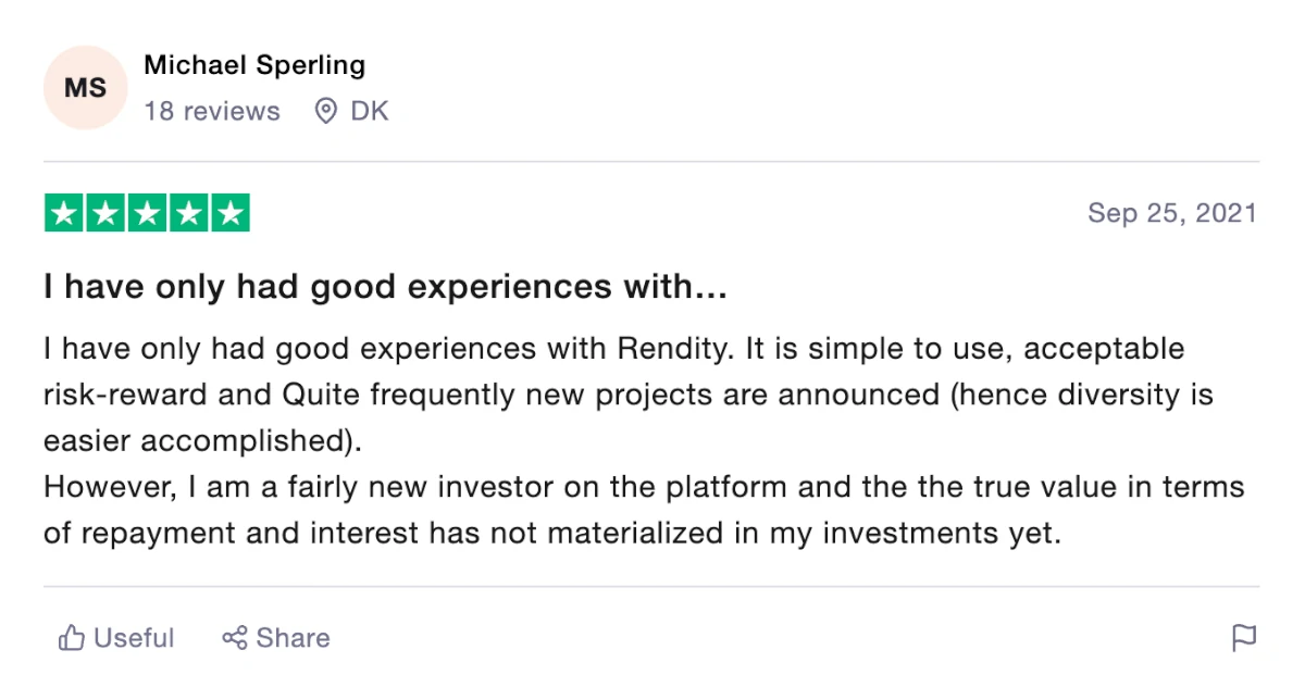 5 star Rendity review on Trustpilot