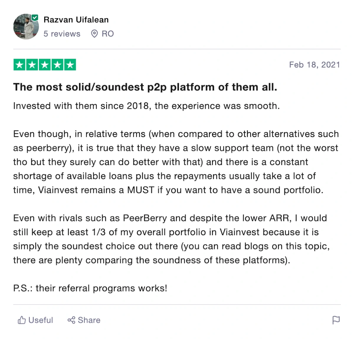 5 star VIAINVEST review on Trustpilot