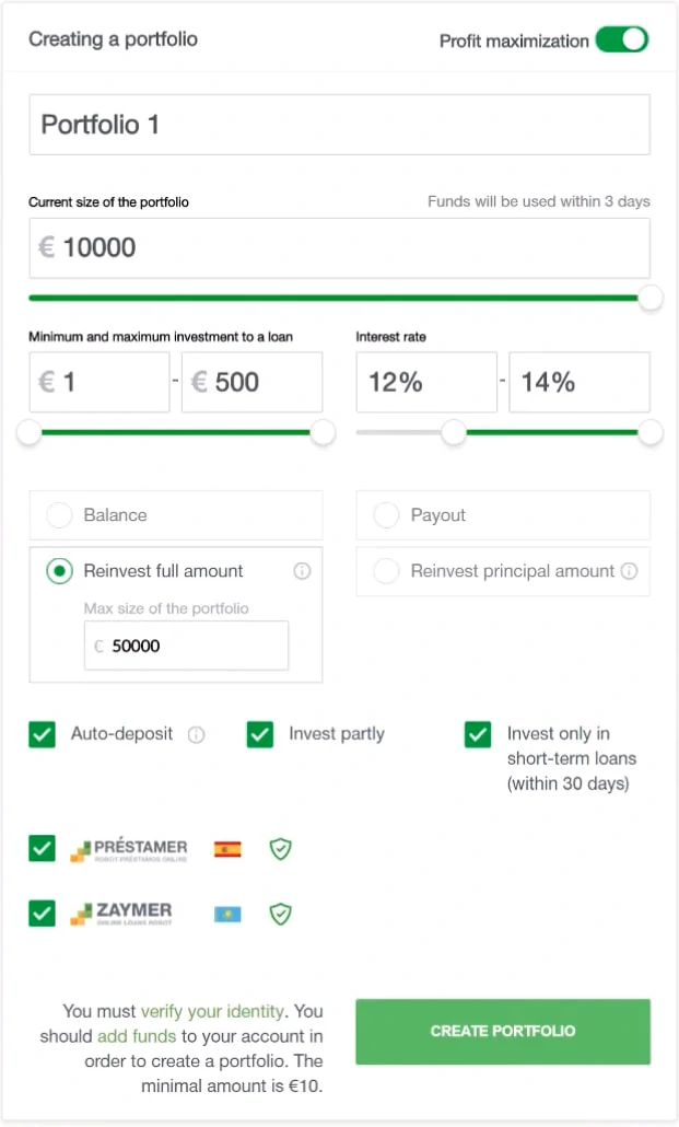 Screenshot of the Robocash auto-invest tool